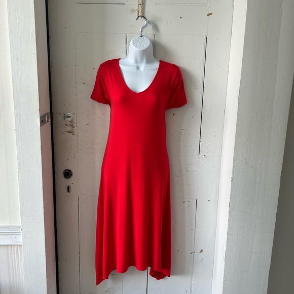 Chico's Laced up Red Stretch Knit Dress Handkerchief Hem - Picture 2 of 10
